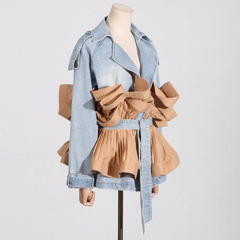 Two-layered outfit with denim top and ruffled beige skirt on a mannequin against a white background.