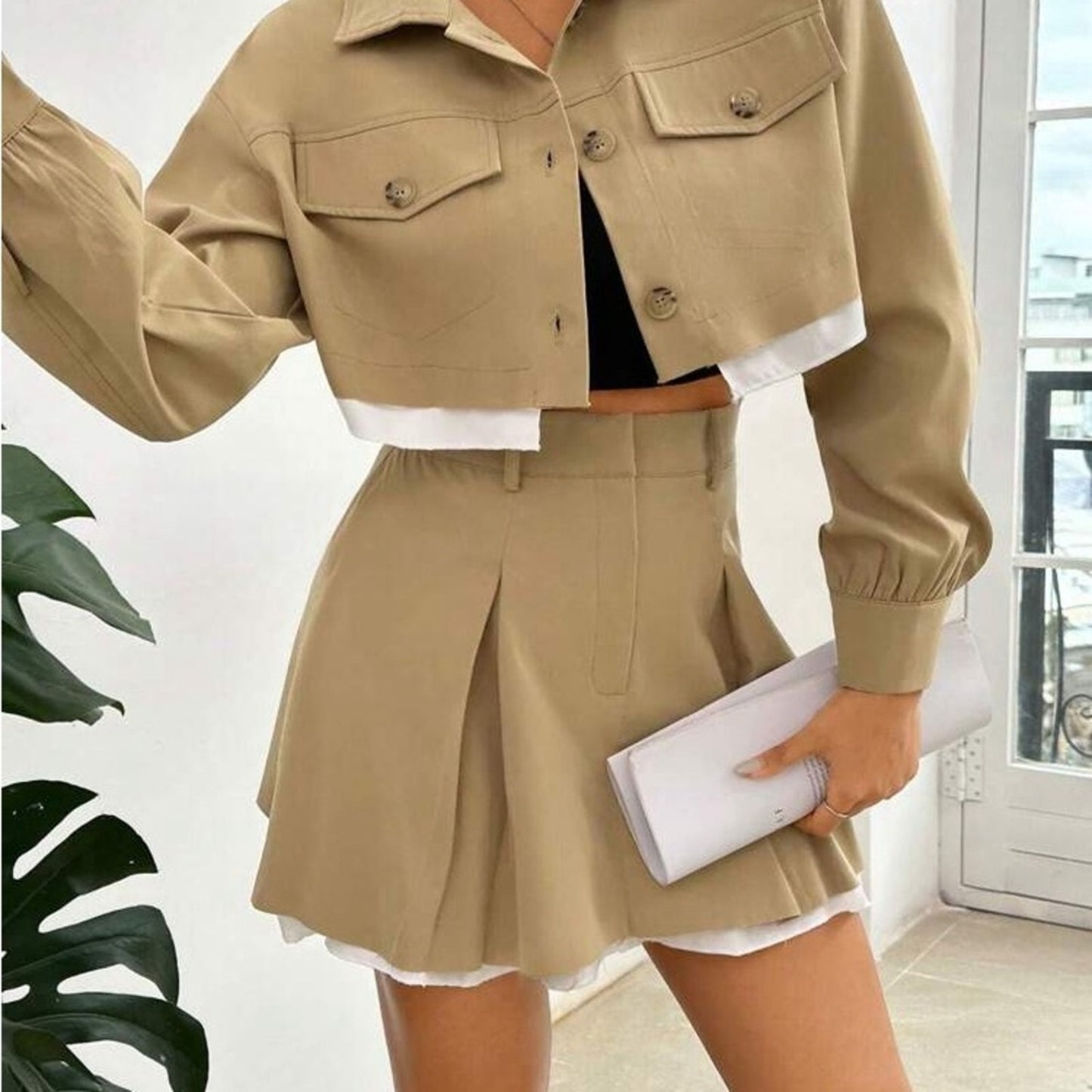 Cropped Khaki Jacket and Pleated Skirt Set - Khaki with White Trim