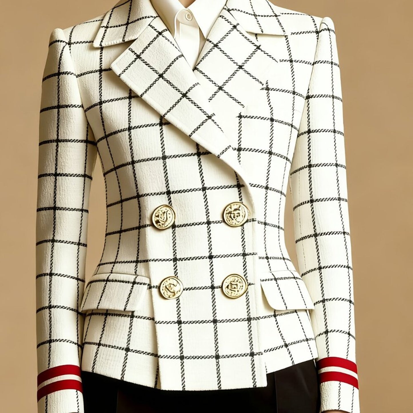 White Windowpane Check Double-Breasted Blazer | Gold Buttons + Red Cuff Stripes