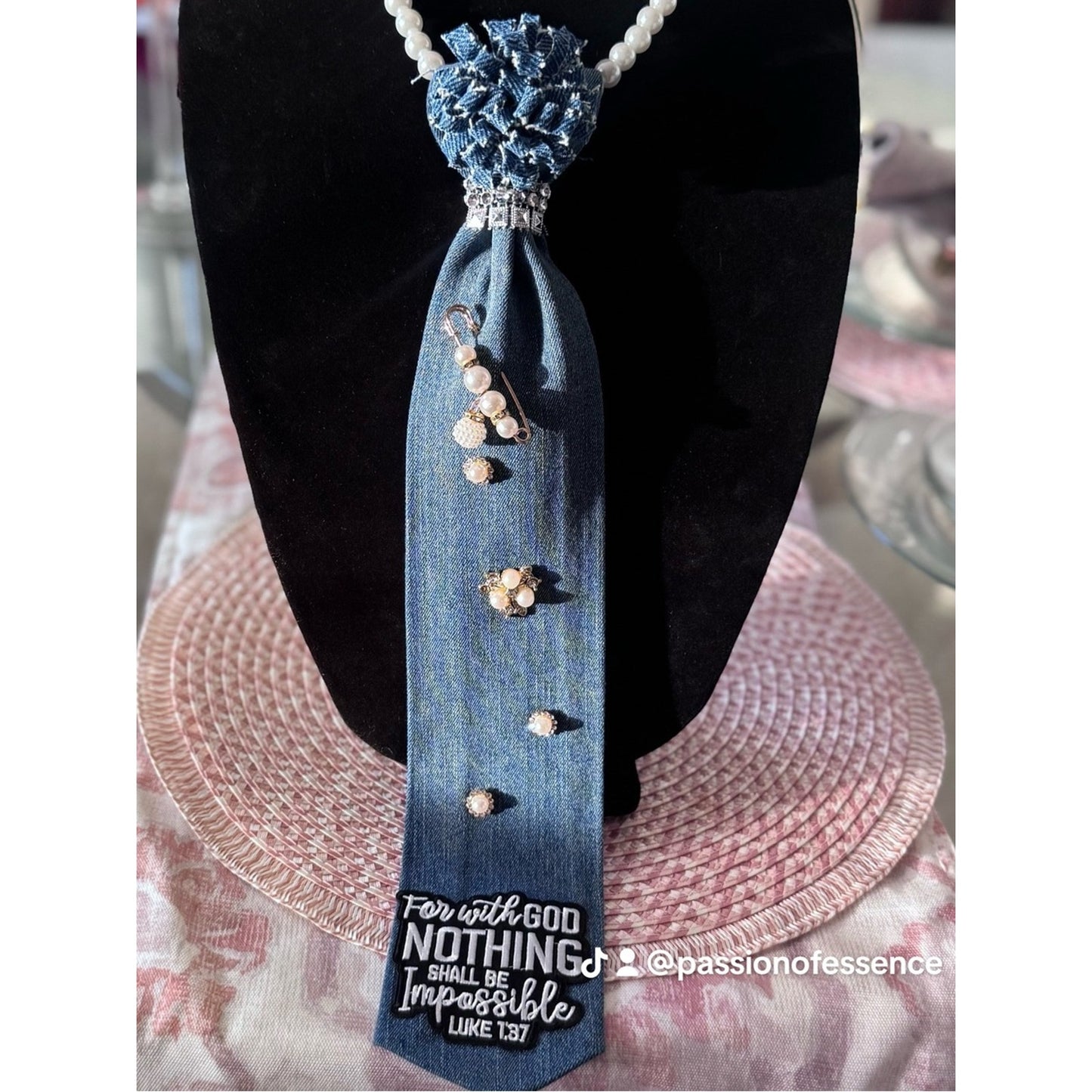 Faith & Pearls Denim Statement Necktie Necklace – Luke 1:37 Inspiration Piece