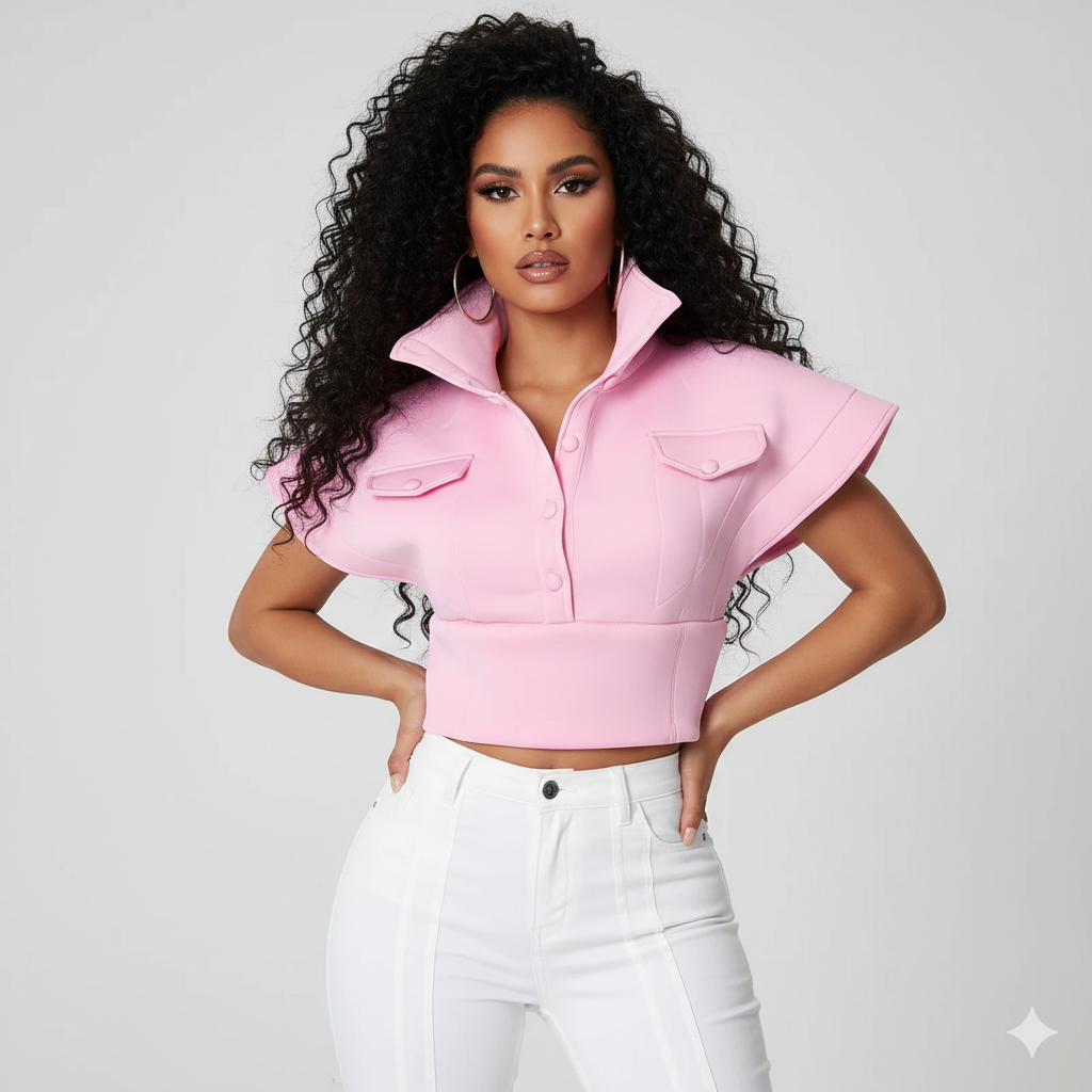 MB FASHION Cropped High Collar Button-Up Top 452R