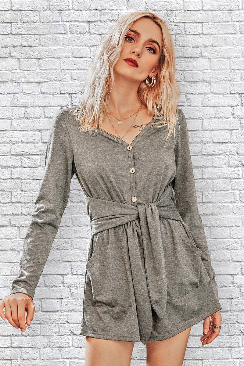 Pocket Tie-Waist Button-Front V-Neck Romper - Clearance