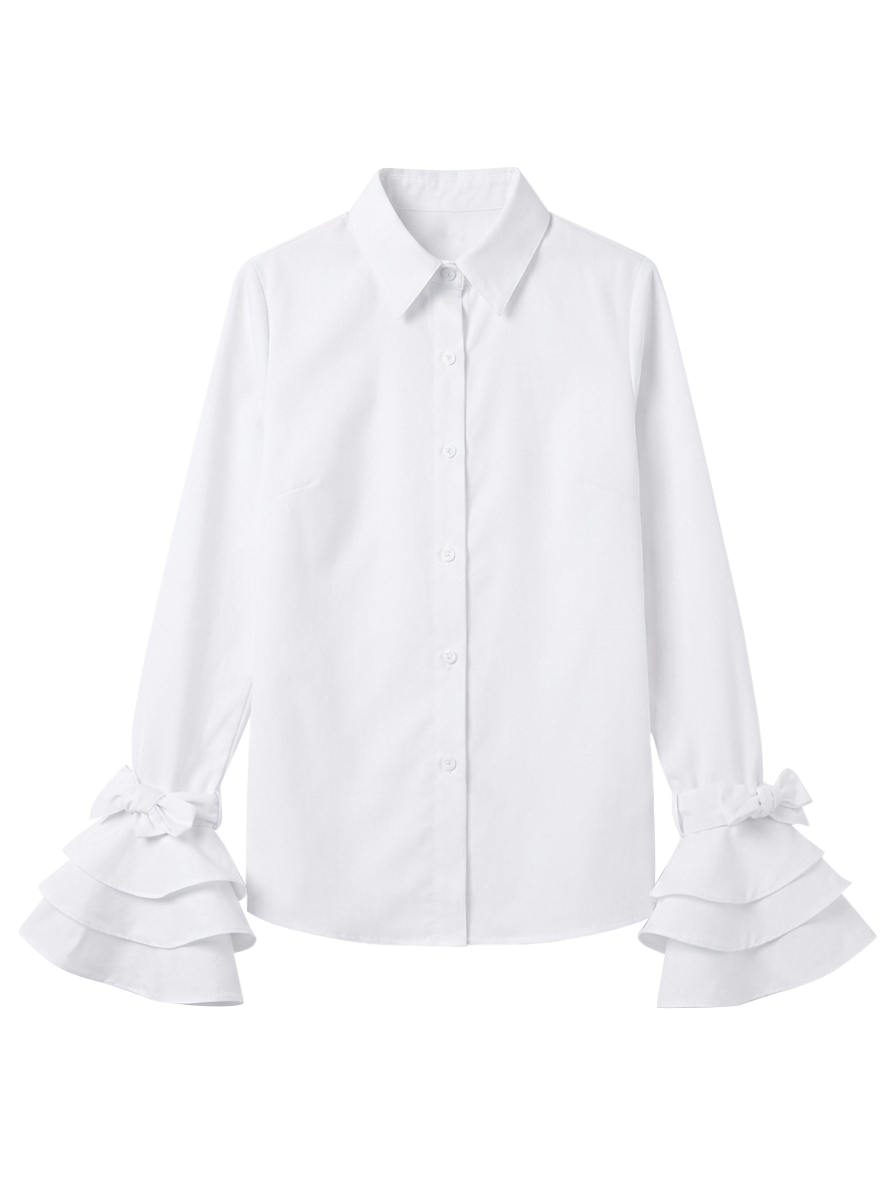 Cotton-Blend Flared Sleeve Bow Falbala Lapel Blouse