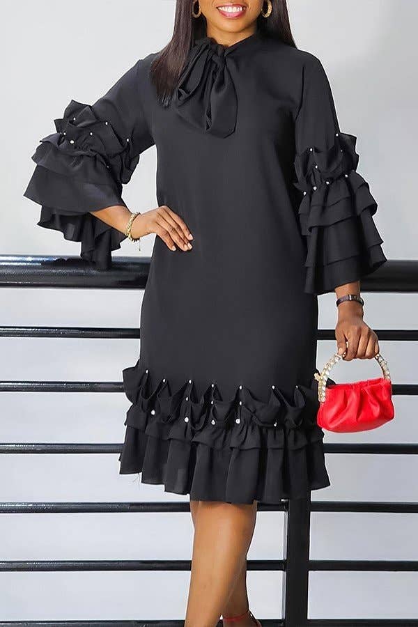 Ruffle Sleeve Solid Color Shift Dress