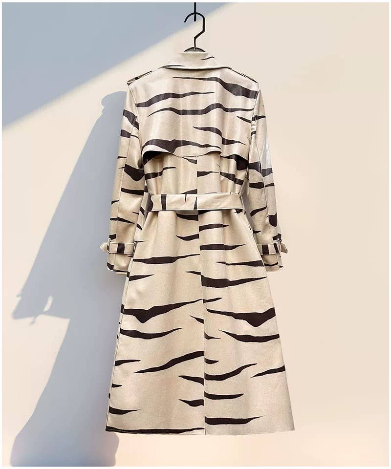 CT184Y Elegant Printed Belted Lapel Trench Coat for Women