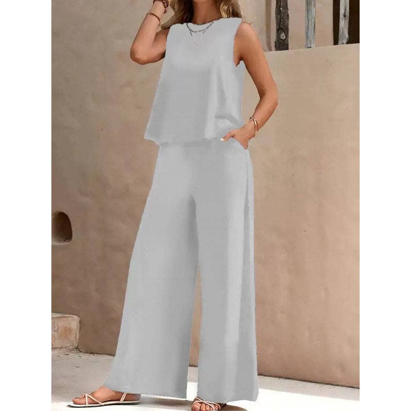 Solid Color Sleeveless Tank Top & Wide-Leg Pants Set