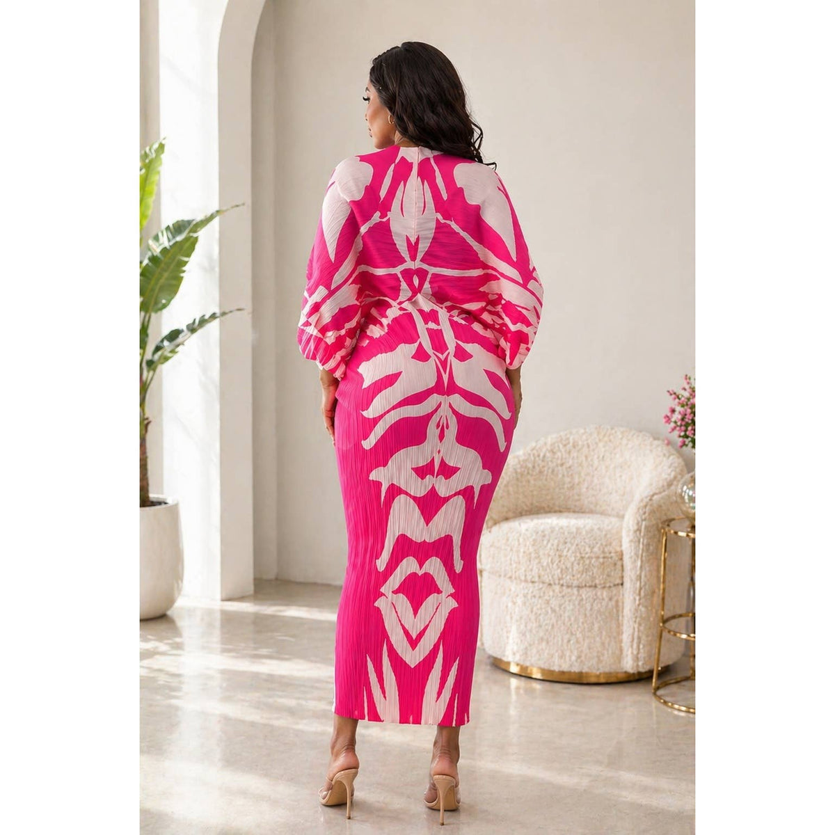 Pleated V Neck Midi Dress