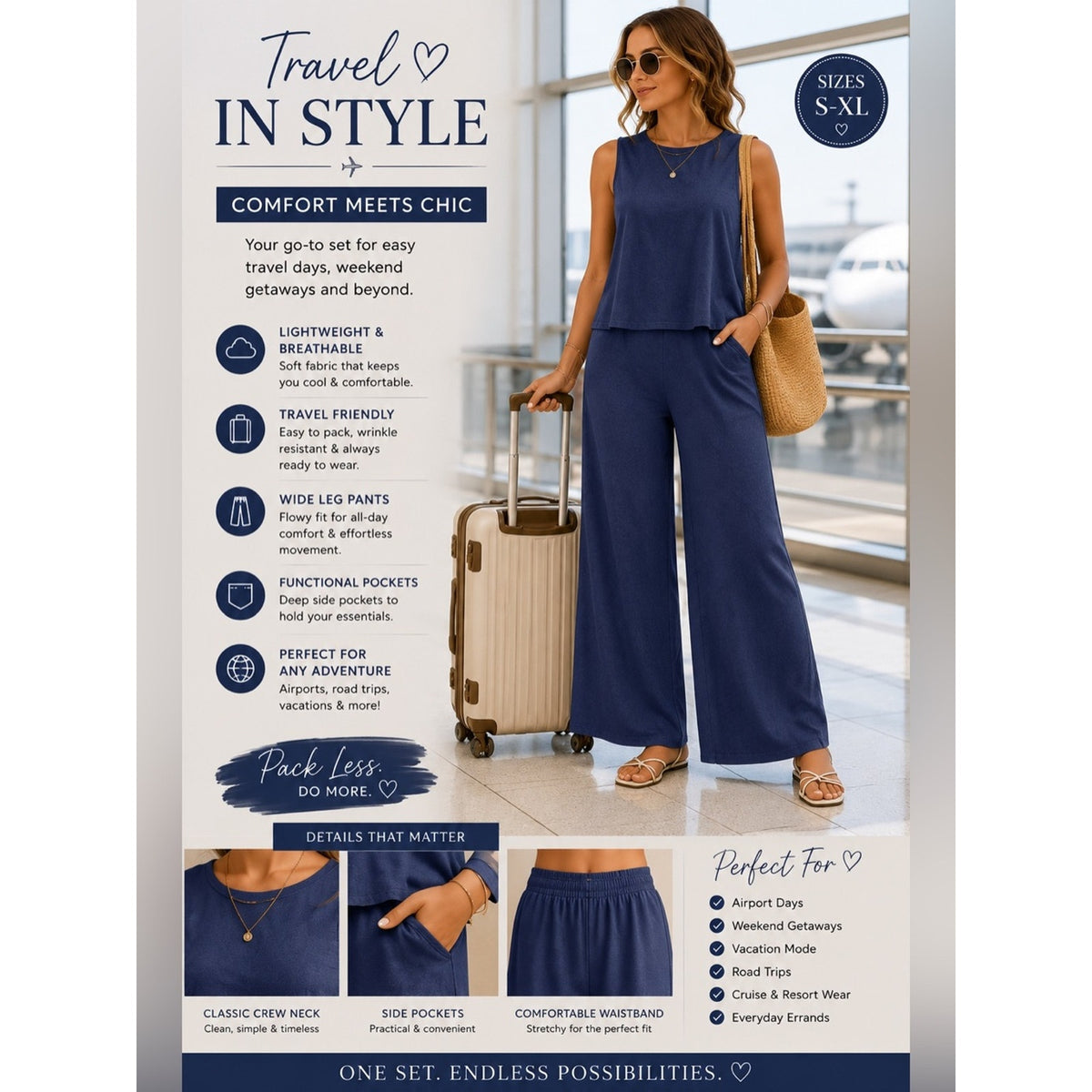 Navy Blue Sleeveless Wide Leg Pants 2 Piece Matching Set XL