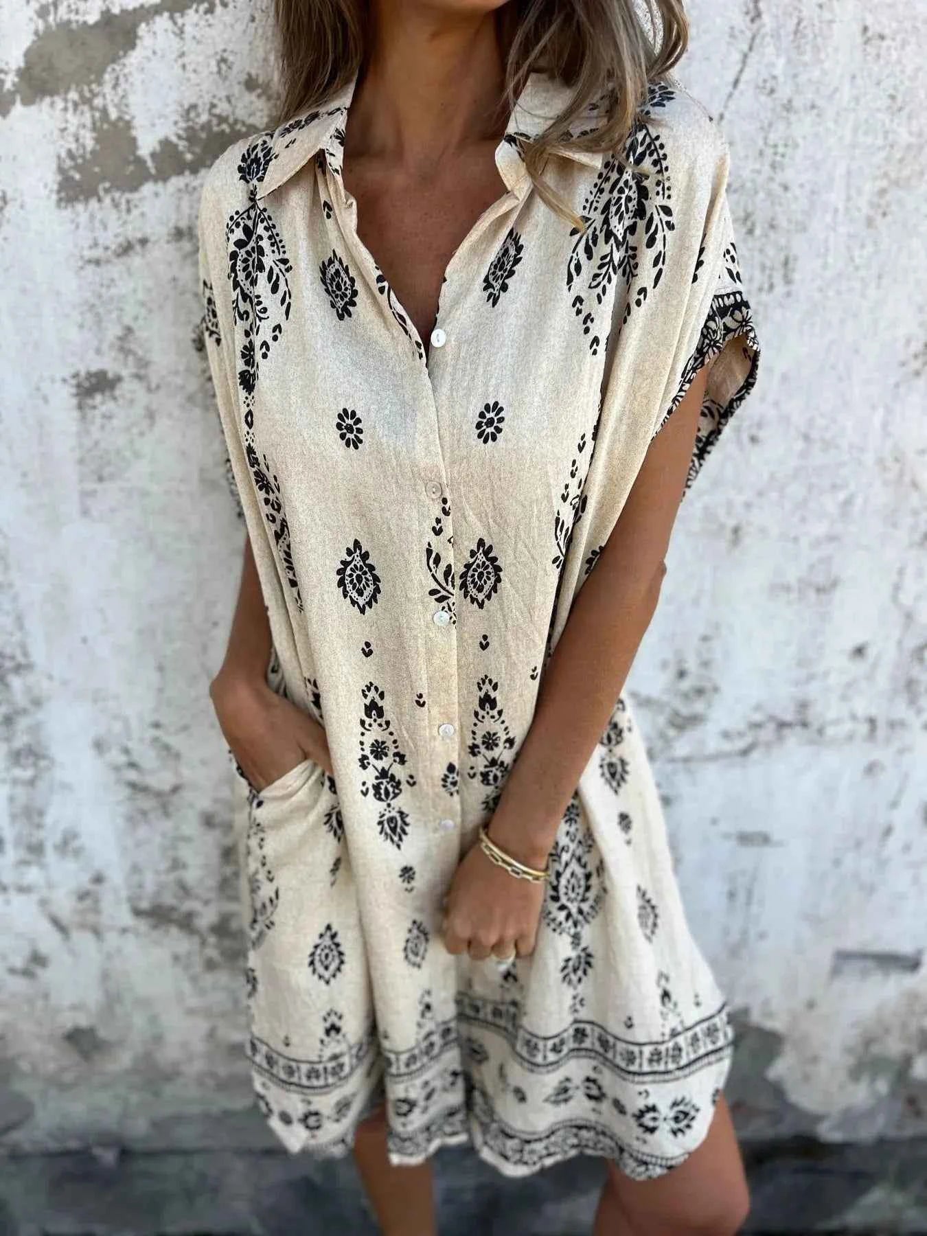 Full Size Printed Short Sleeve Button-Up Shirt Dress Plus Size