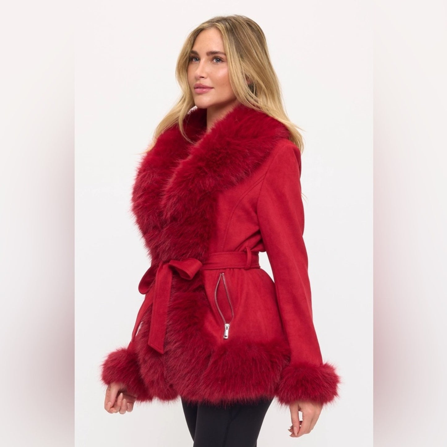 Elegant Red Faux Fur Trim Coat