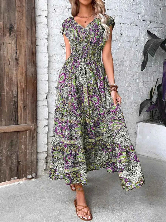Plus Size Printed V-Neck Short Sleeve Midi Dress