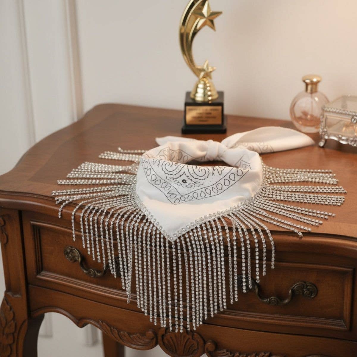 White Bandana Bling Fringe Scarf Necklace