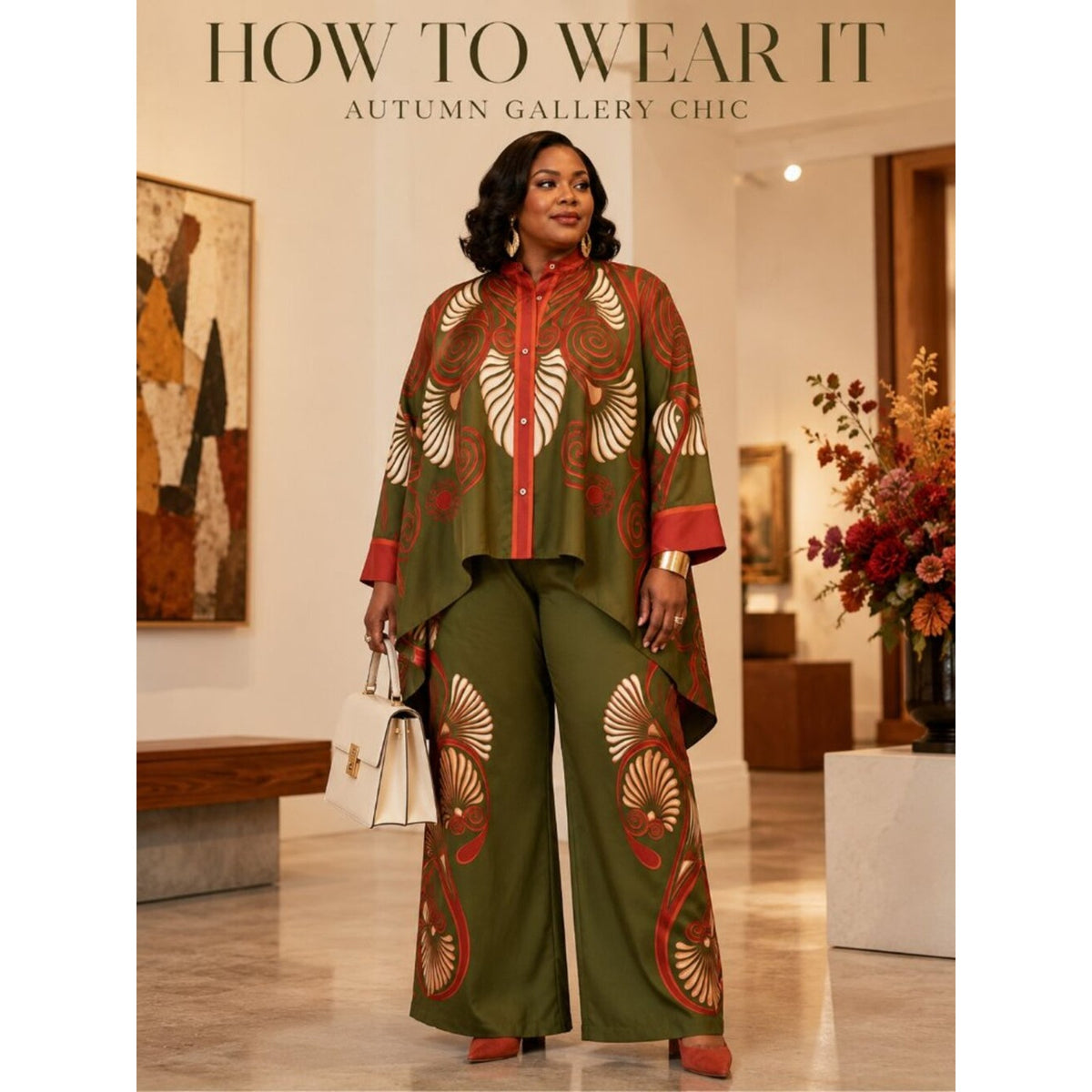 Plus Size Autumn Muse Olive Retro Print Wide-Leg Pants Set 0XL–3XL