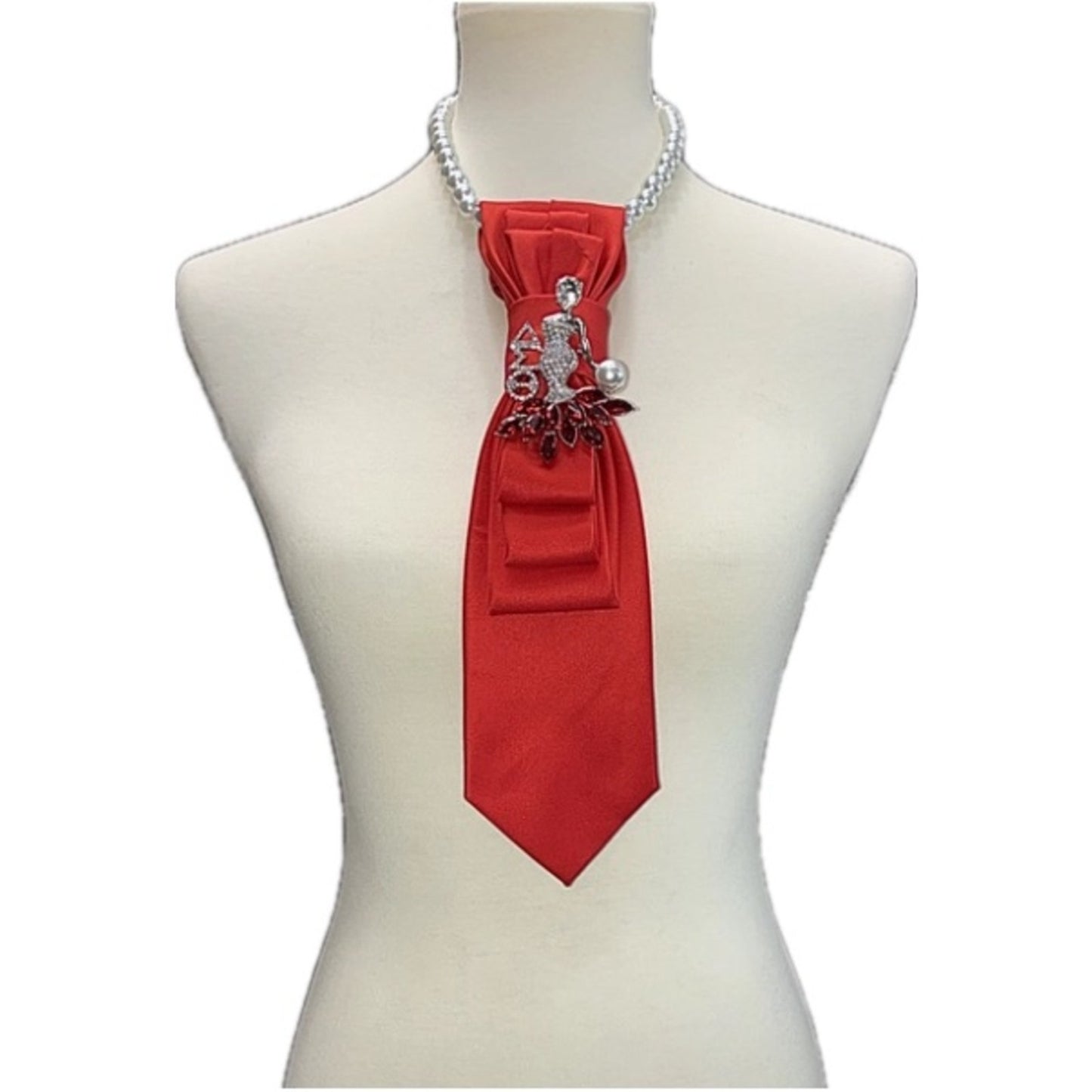 Red Satin Statement Necklace Tie with Rhinestone Delta Brooch
