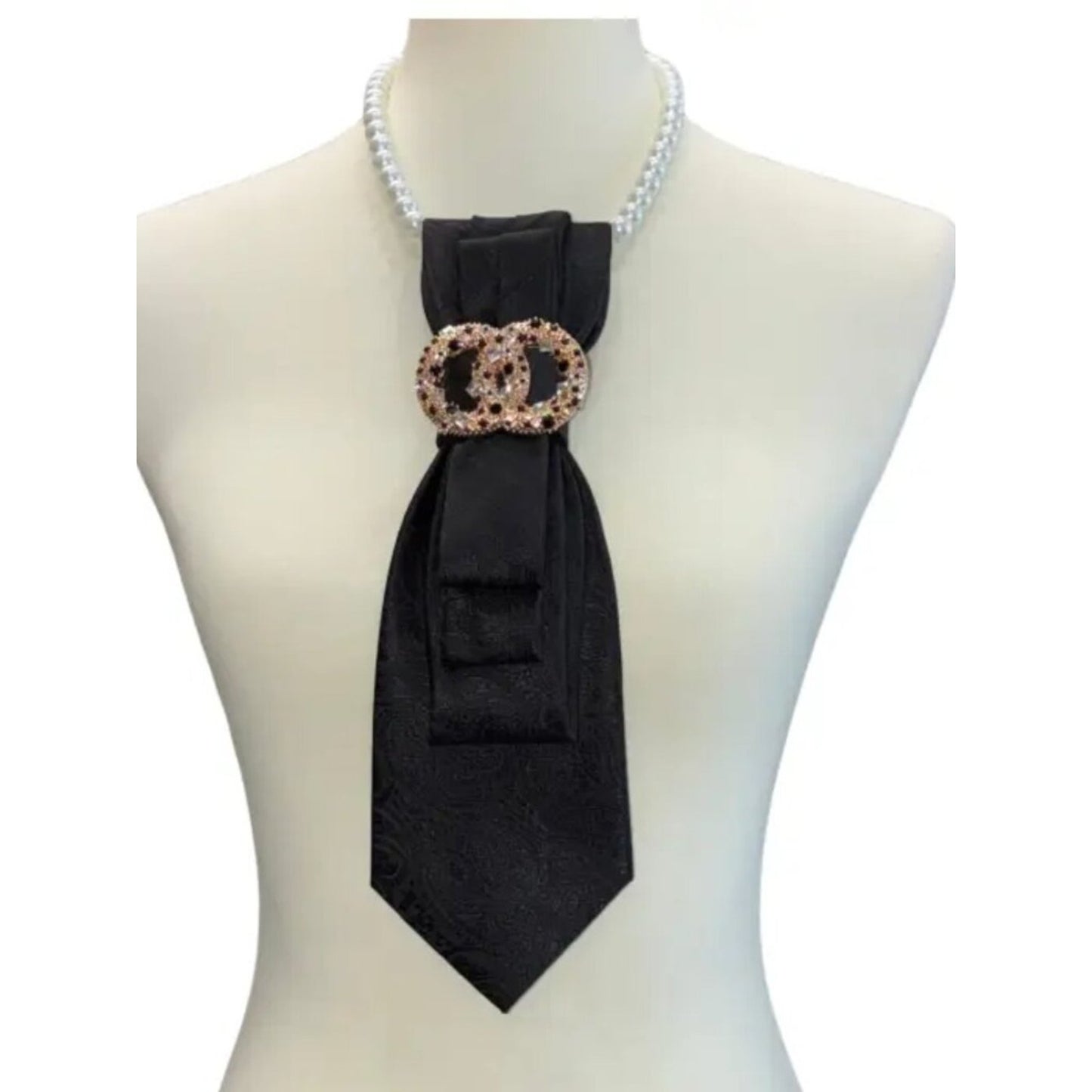 Black Paisley Necktie Necklace with Pearl Collar & Crystal Designer-Inspired Bro
