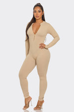 Load image into Gallery viewer, Ribbed Half Zip Long Sleeve Bodycon Jumpsuit
