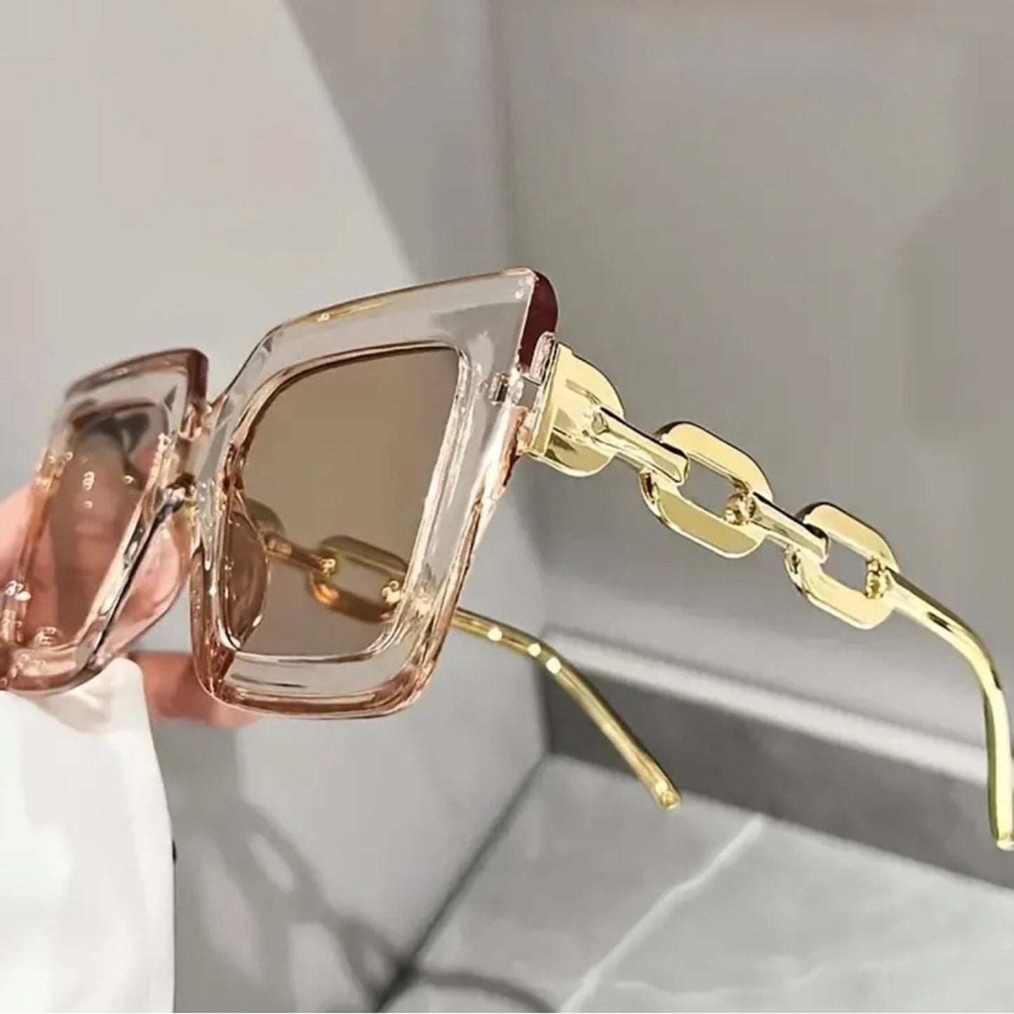 Luxury Gold Chain-Link Oversized Square Sunglasses – Clear Frame Shades