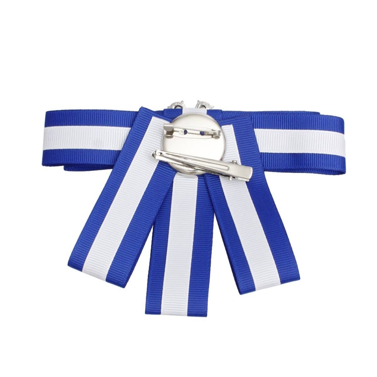 Blue and white striped ribbon with a silver clasp on a white background