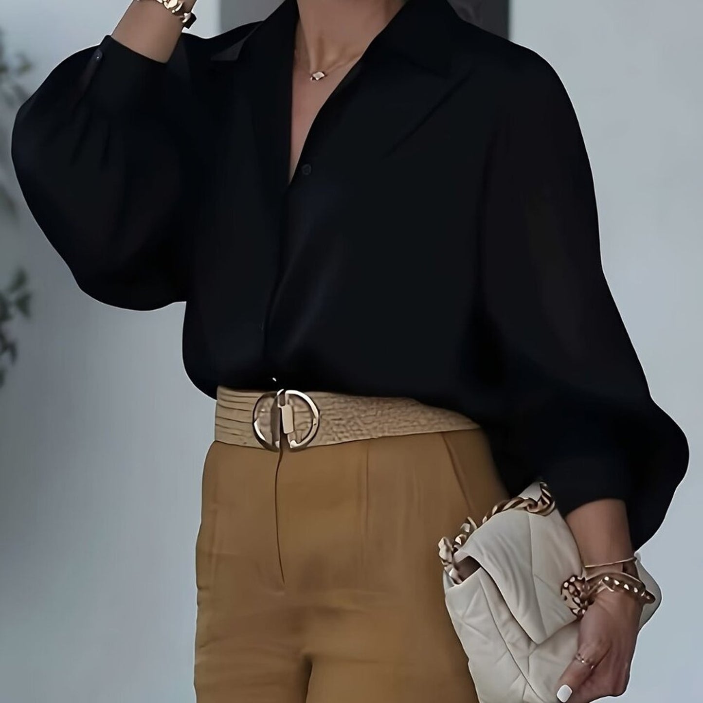 Plus Size Black Oversized Button Down Shirt | Lantern Sleeve Elegant Blouse Top