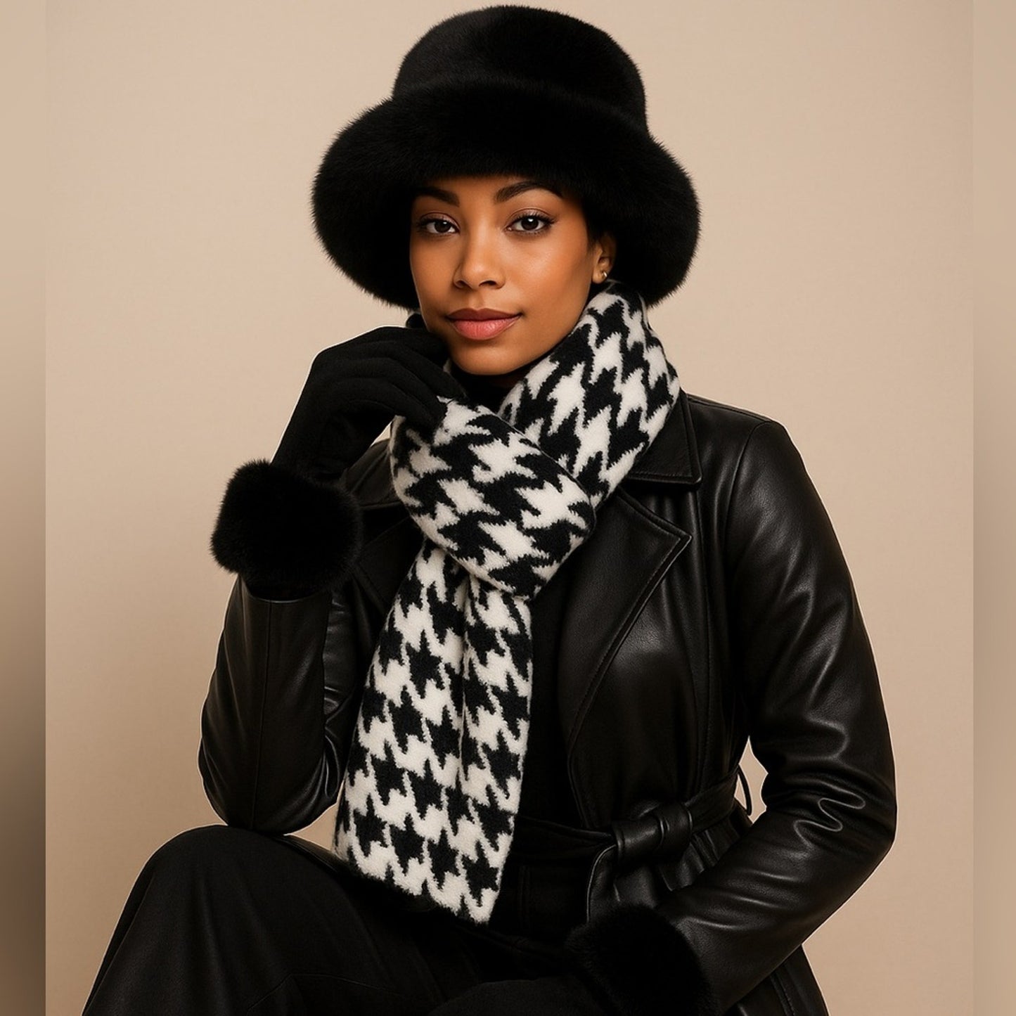 Woman wearing a black hat, leather coat, and houndstooth scarf against a beige background