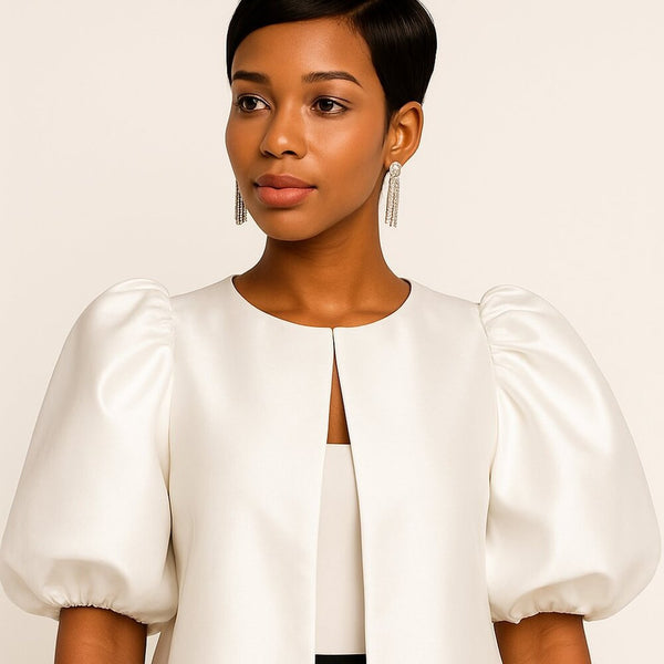 Ivory White Satin Puff Sleeve Top | All-White Party / Bridal