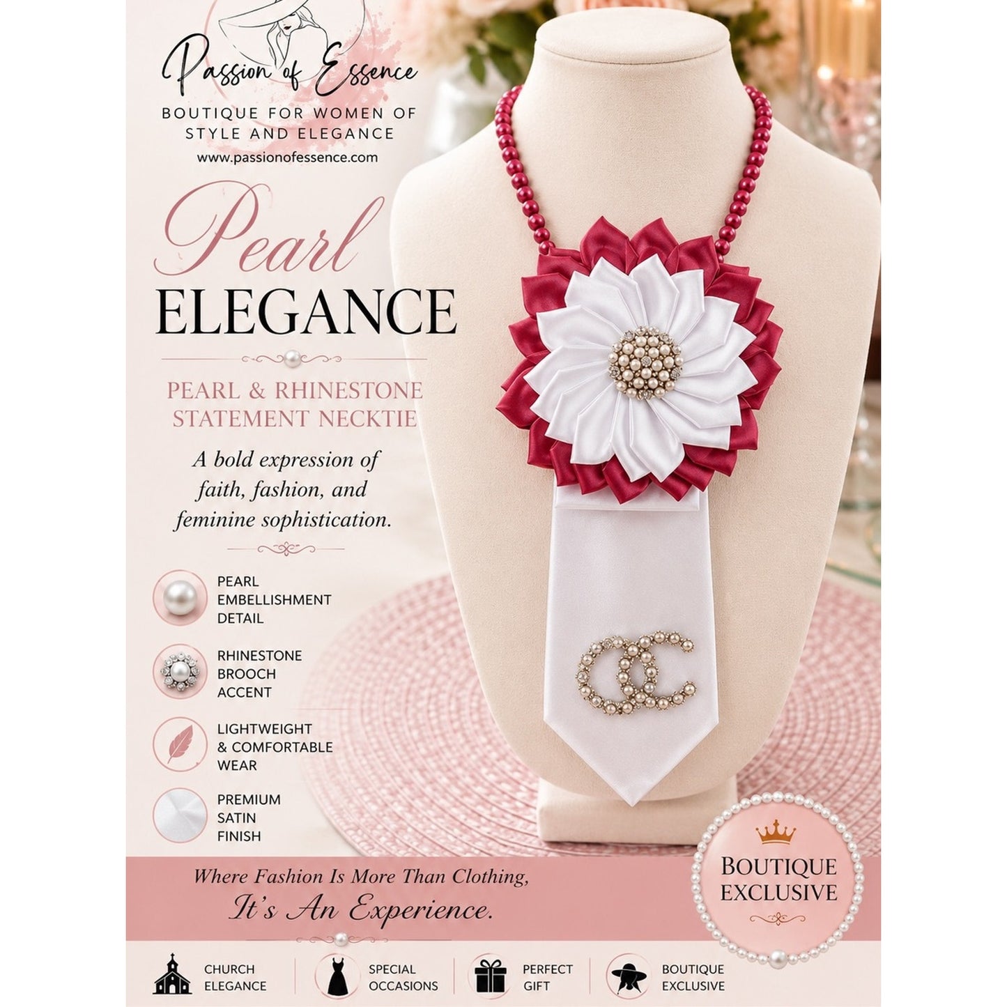 Pearl Elegance Pearl & Rhinestone Statement Necktie