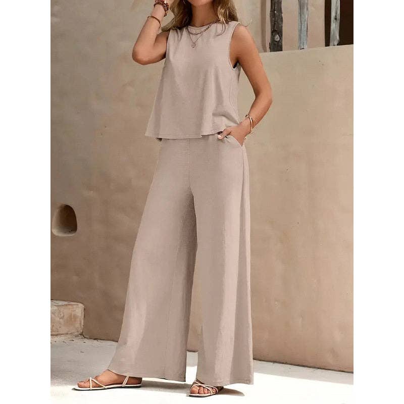 Solid Color Sleeveless Tank Top & Wide-Leg Pants Set