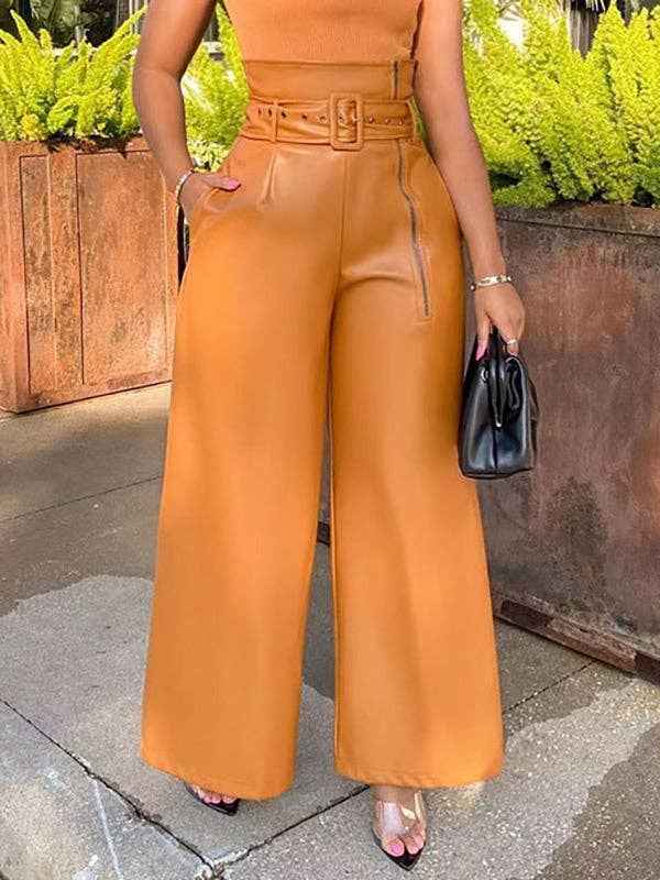 High Waisted Wide Leg Belted Solid Color Zipper Pants Trousers