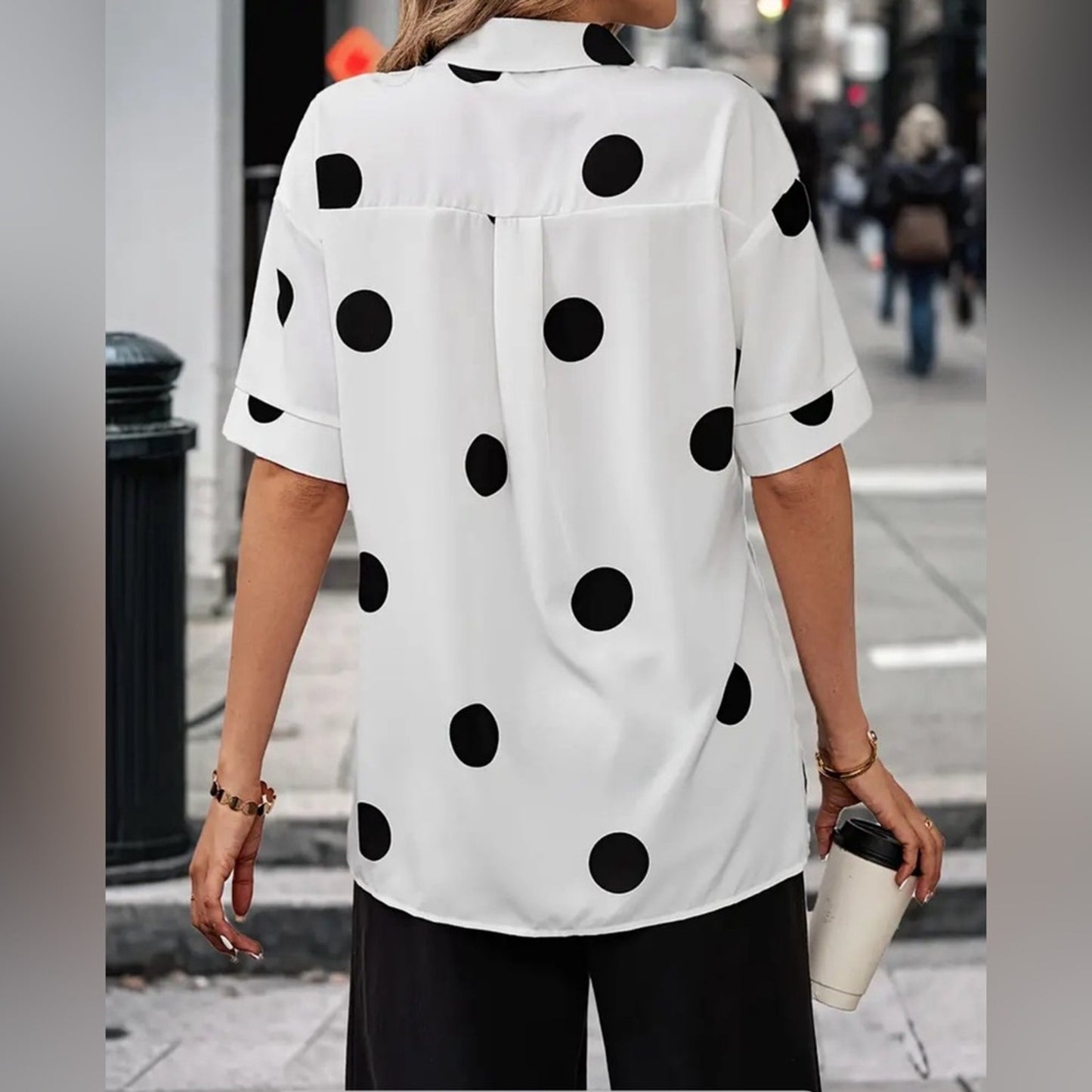 White Polka Dot Button-Up Shirt for Women – Short Sleeve Collared Blouse