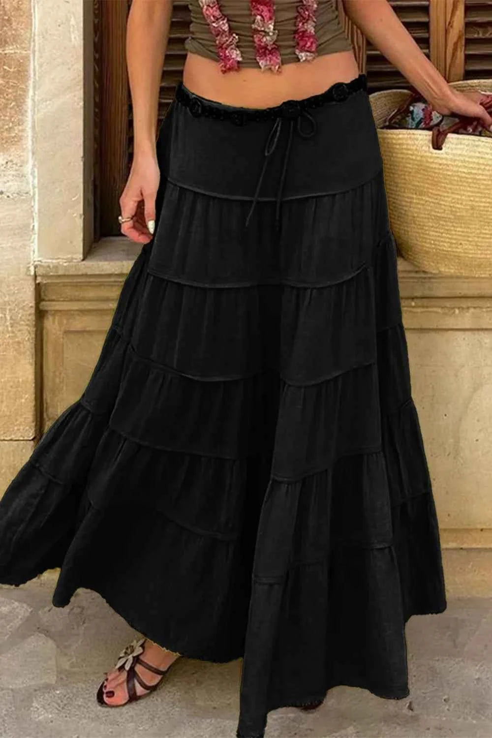 Bohemian Tiered Maxi Skirt with Drawstring Waist