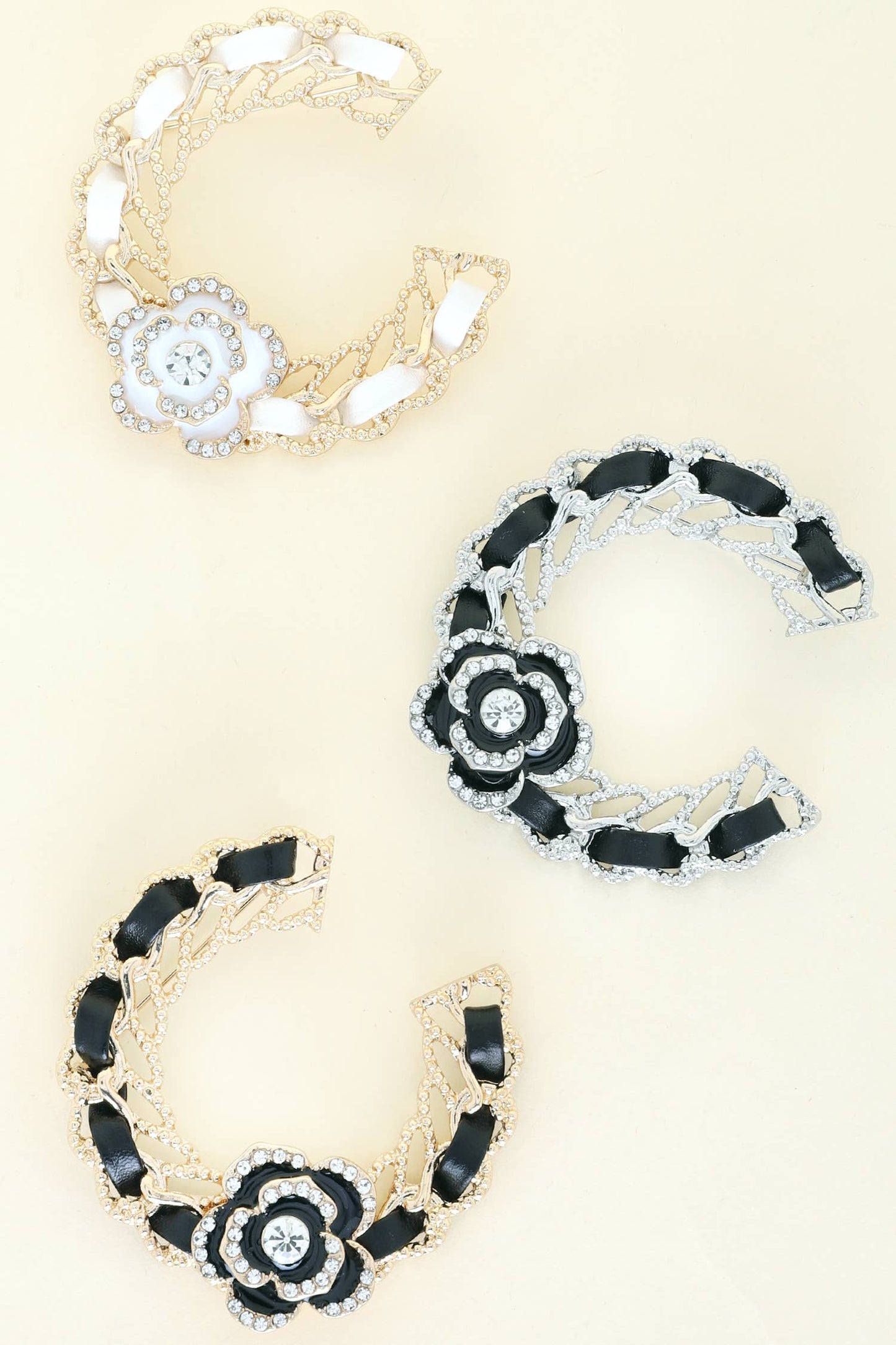 Woven Chain Letter "C" Brooch Pin w/ Floral Accent