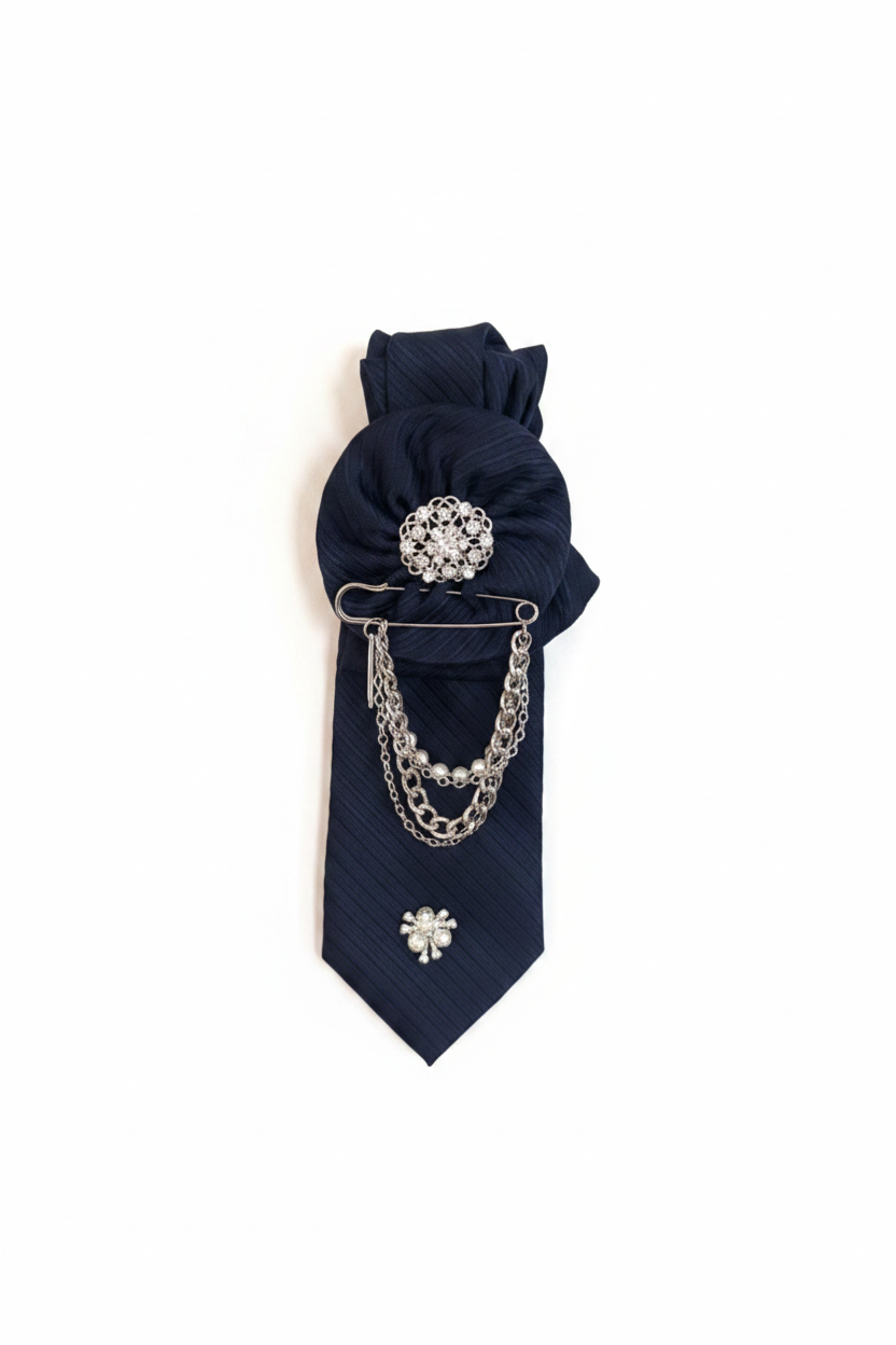 Navy blue bow tie with silver brooches on a white background