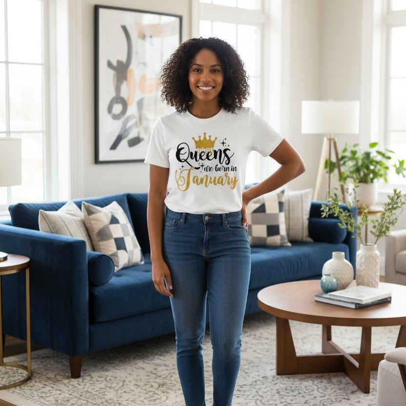White shirt with 'Queens are born in January' text and gold crown design.