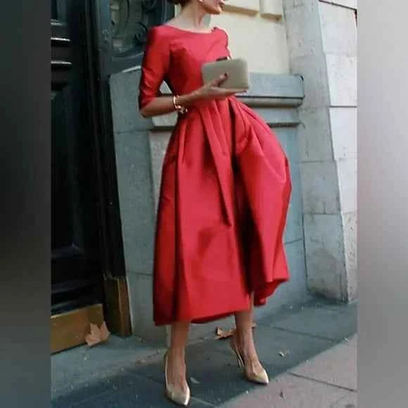 A-Line Loose Pleated Pockets Solid Color Split-Joint Round-Neck Midi Dresses