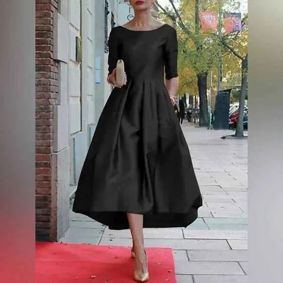 A-Line Loose Pleated Pockets Solid Color Split-Joint Round-Neck Midi Dresses
