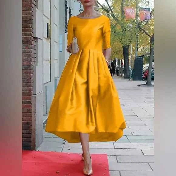 A-Line Loose Pleated Pockets Solid Color Split-Joint Round-Neck Midi Dresses