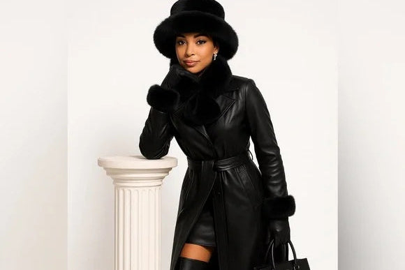 Person wearing a black leather coat, hat, and boots with a white background