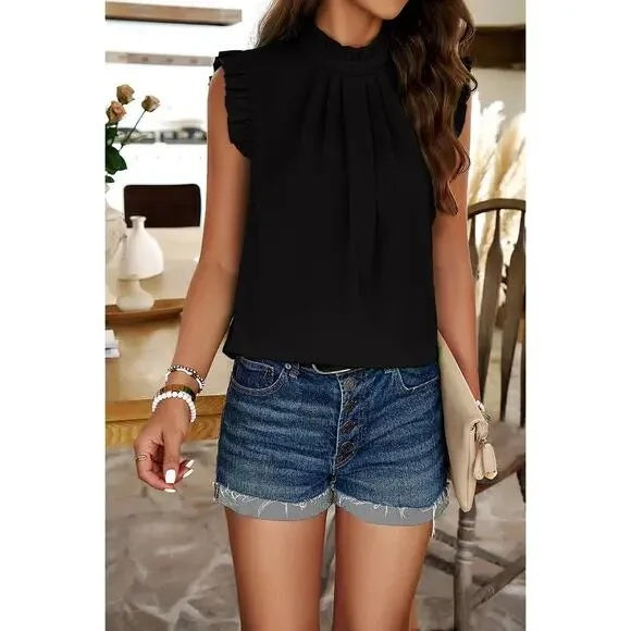 Solid Frill Trim Mock Neck Sleeveless Tunic Blouse
