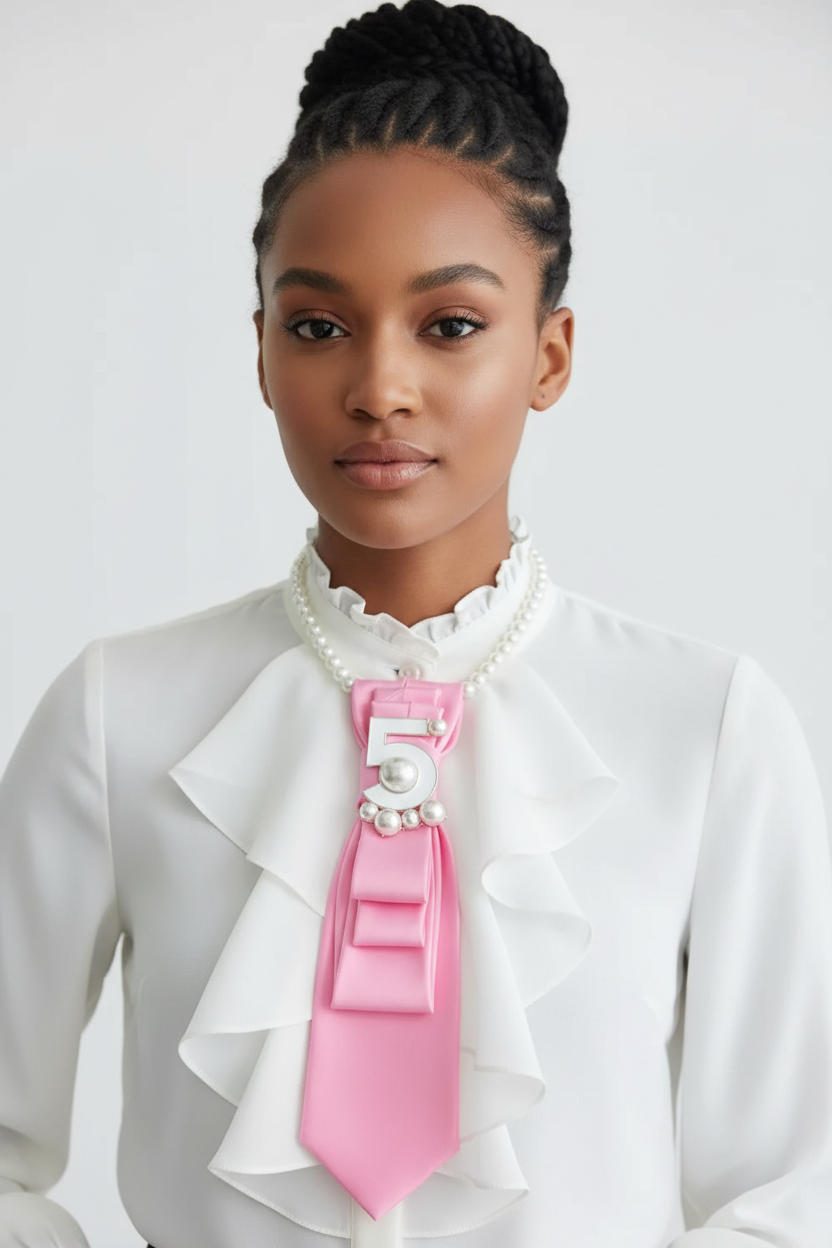 Pink Statement Tie Necklace on light-skinned African American woman