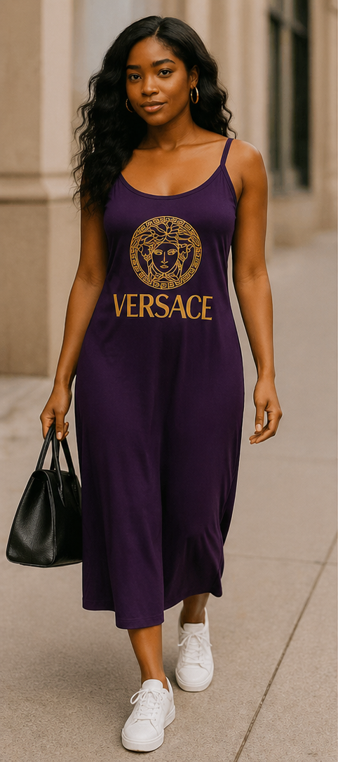 Purple Versace-Inspired Logo Midi Dress | Casual Luxe Street Style