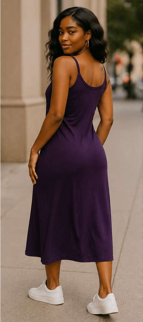 Purple Versace-Inspired Logo Midi Dress | Casual Luxe Street Style