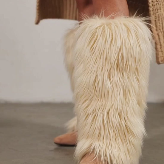 video Demure Diamante Faux Fur Knee-High Boots - 4" Heel