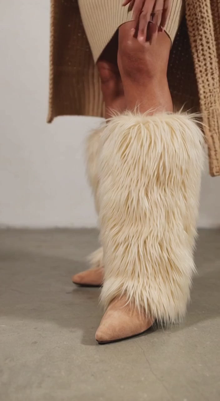 video Demure Diamante Faux Fur Knee-High Boots - 4" Heel