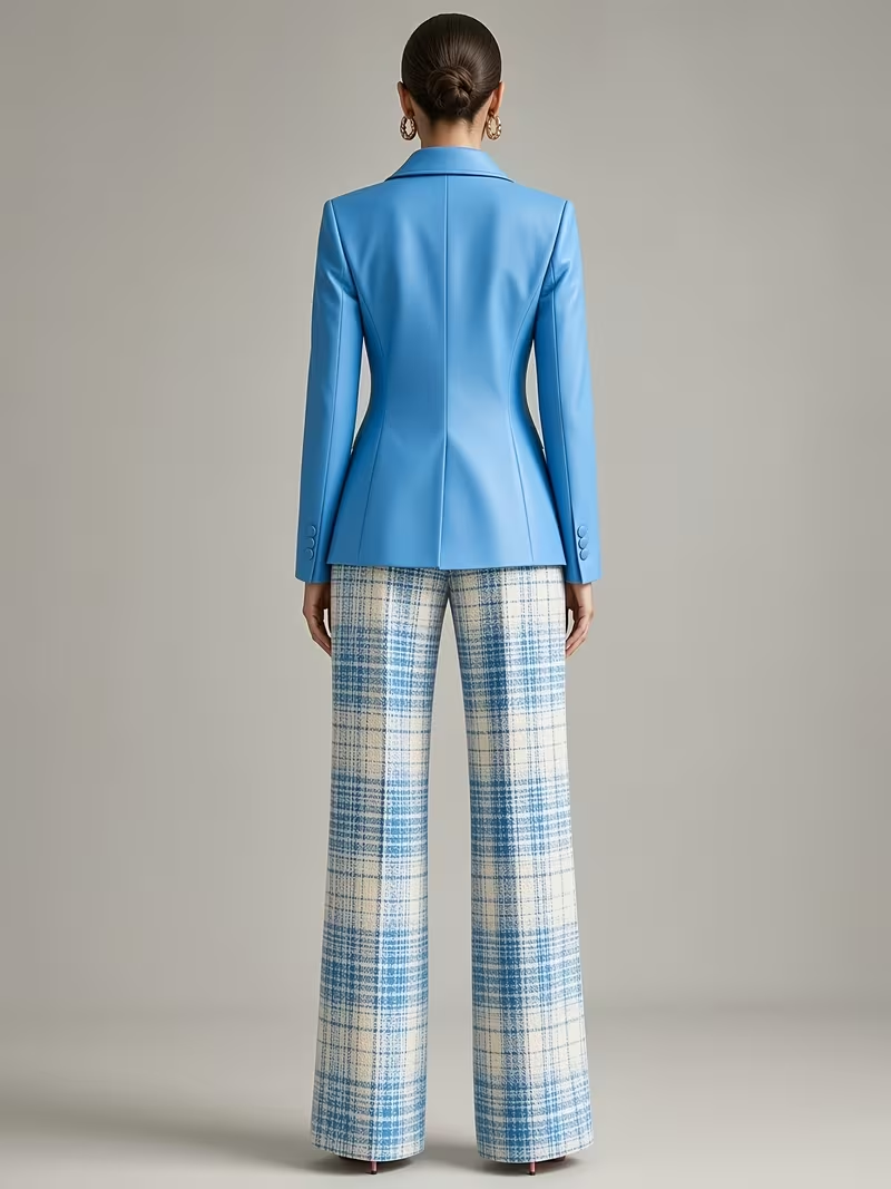 Deep sky blue plaid pantsuit back view