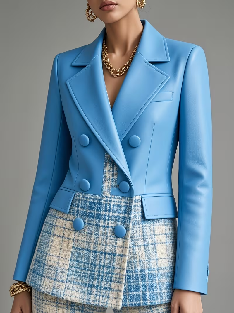 Deep sky blue plaid blazer lapel and button detail