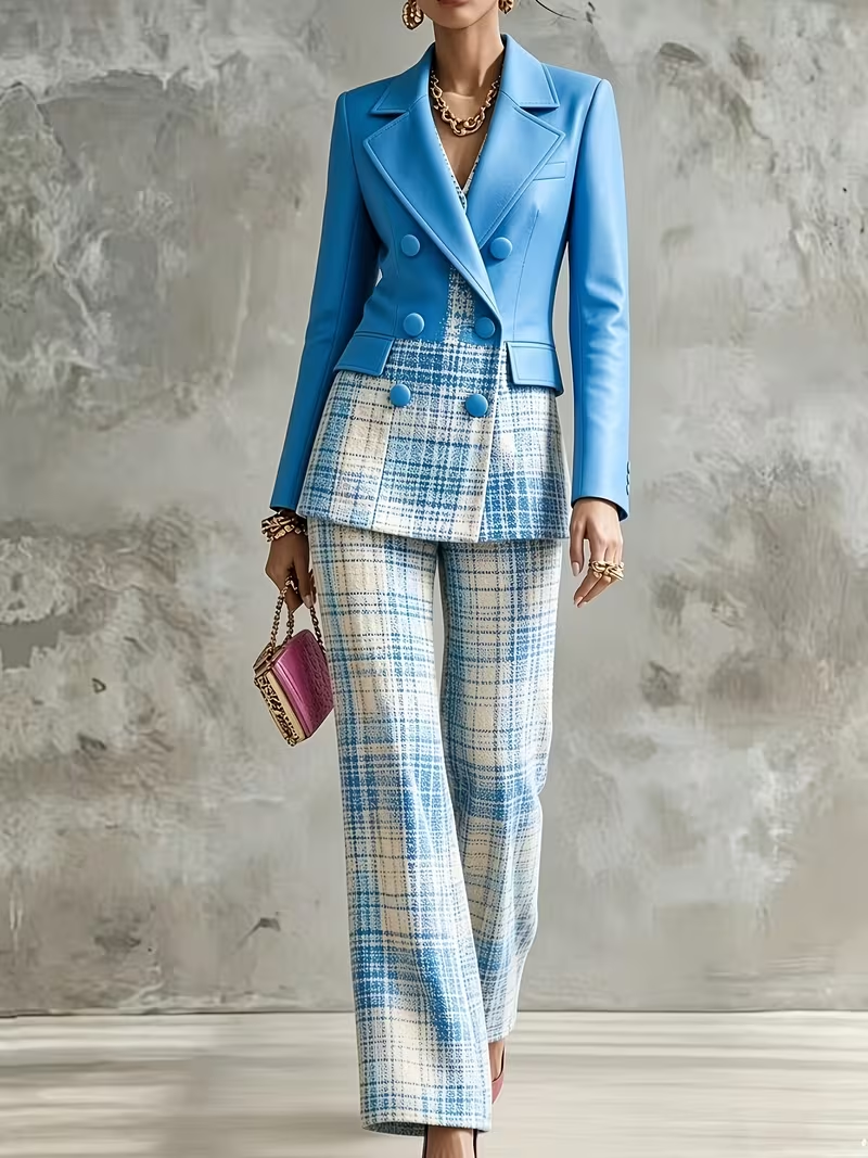 Deep sky blue plaid pantsuit front walking view