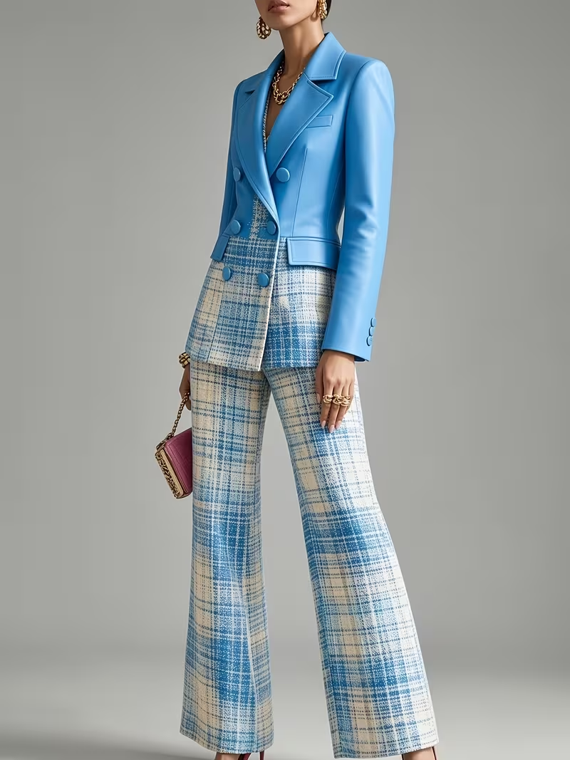 Deep sky blue plaid pantsuit side full-length view