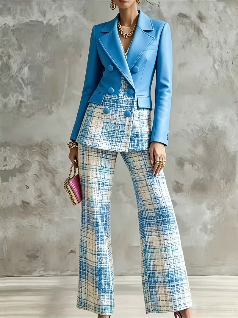 SCACTO deep sky blue plaid two-piece blazer and wide-leg pants set