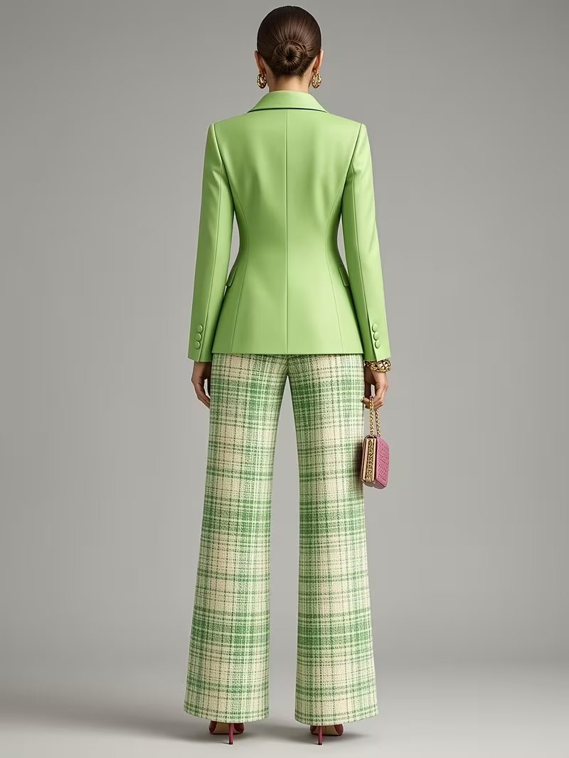 Green plaid pantsuit back view