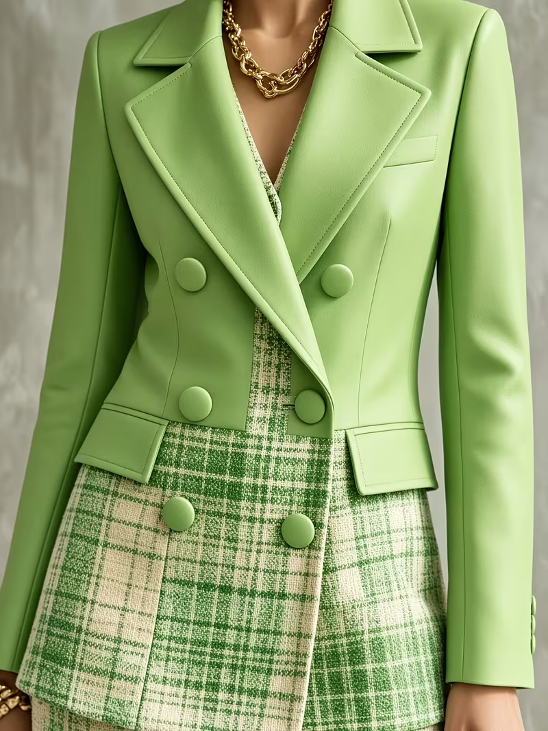 Green plaid blazer lapel and button detail